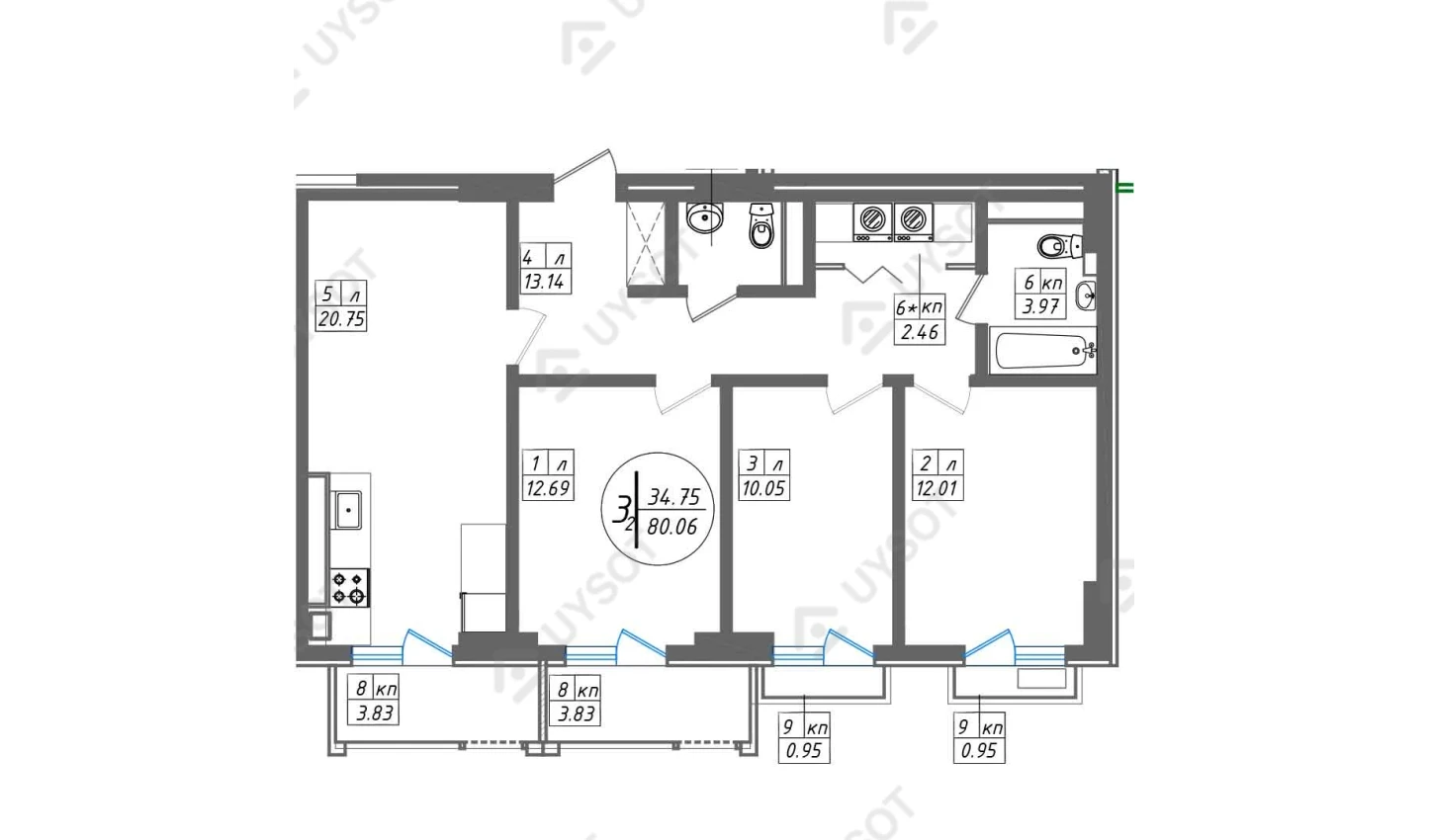 3-xonali xonadon 80.06 m²  12/12 qavat