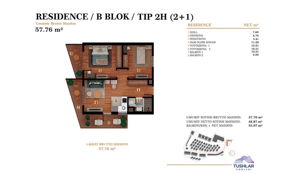 3-xonali xonadon 53.973 m²  5/5 qavat