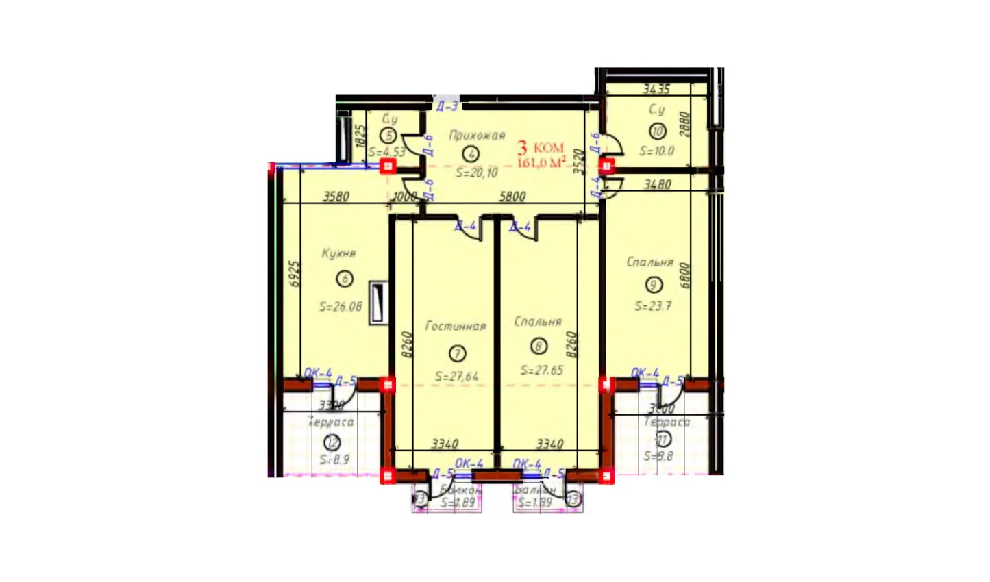 3-комнатная квартира 161 м²  5/5 этаж