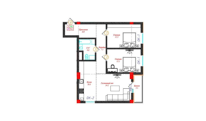 3-комнатная квартира 74.2 м²  9/12 этаж | Жилой комплекс CHINARA PARK