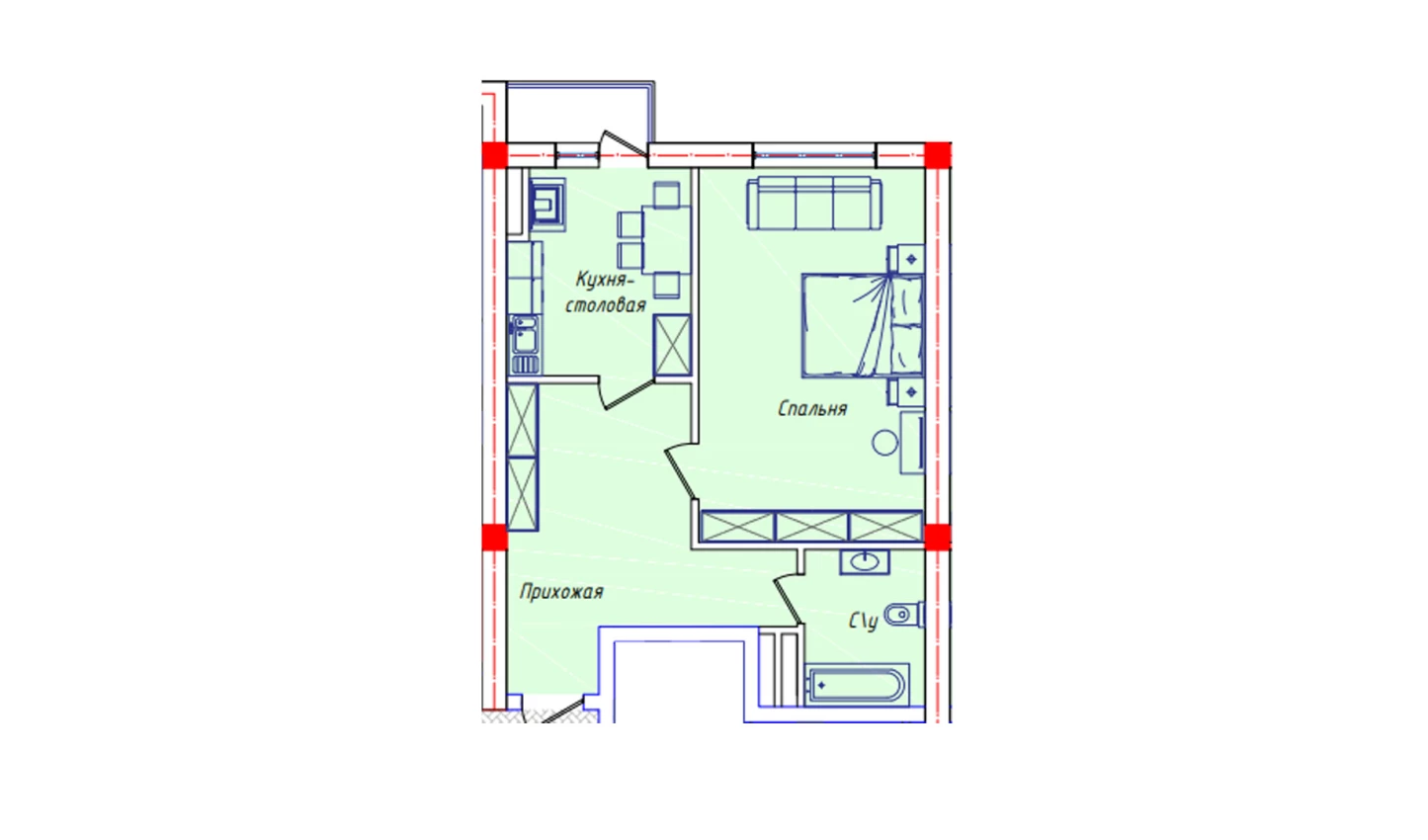 1-комнатная квартира 55.8 м²  6/6 этаж