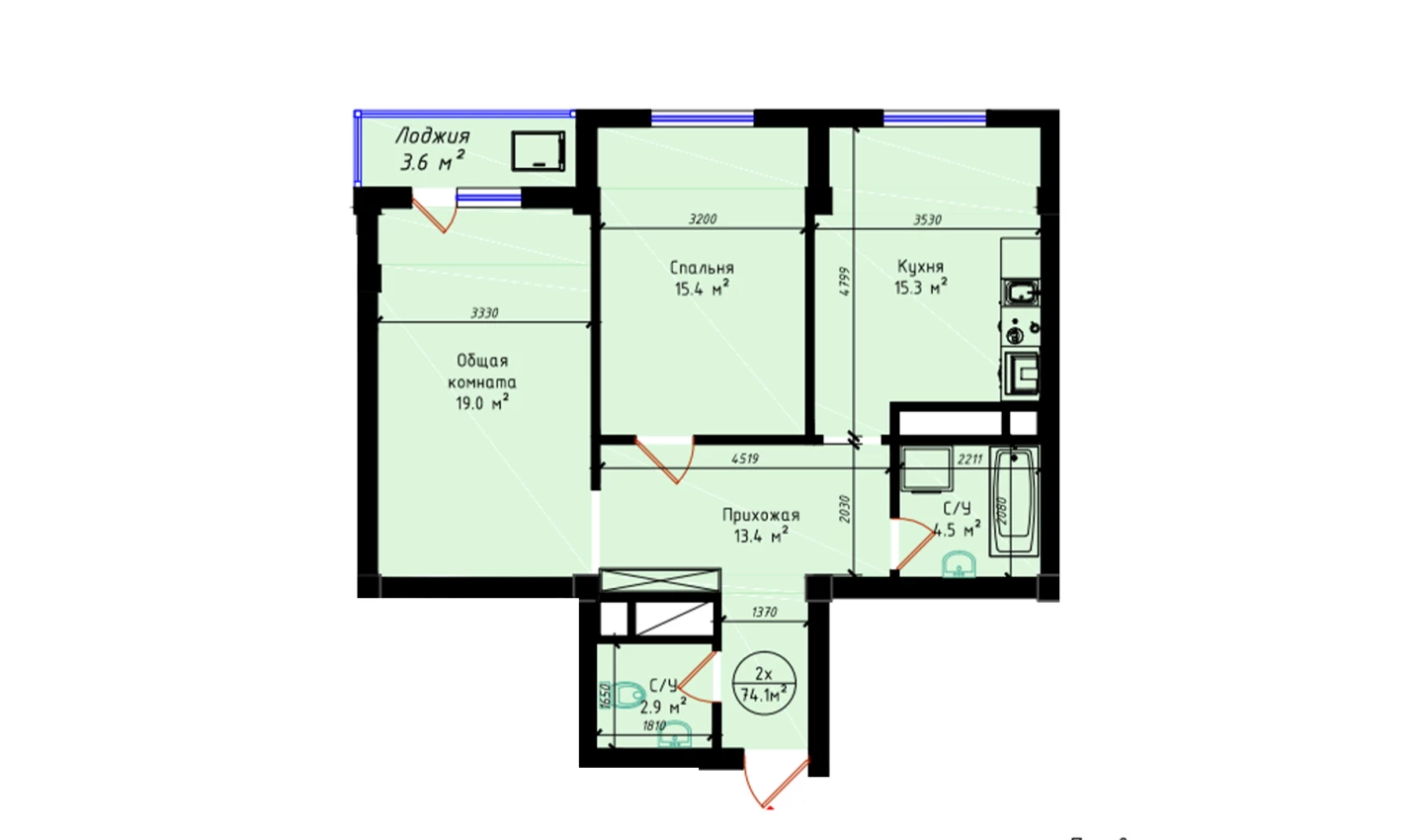 2-комнатная квартира 74.1 м²  22/22 этаж