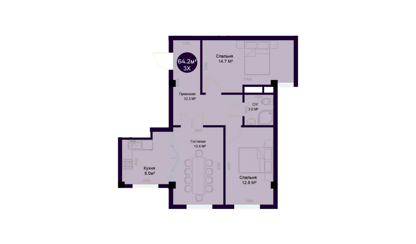 3-xonali xonadon 64.2 m²  2/7 qavat | Minor Turar-joy majmuasi