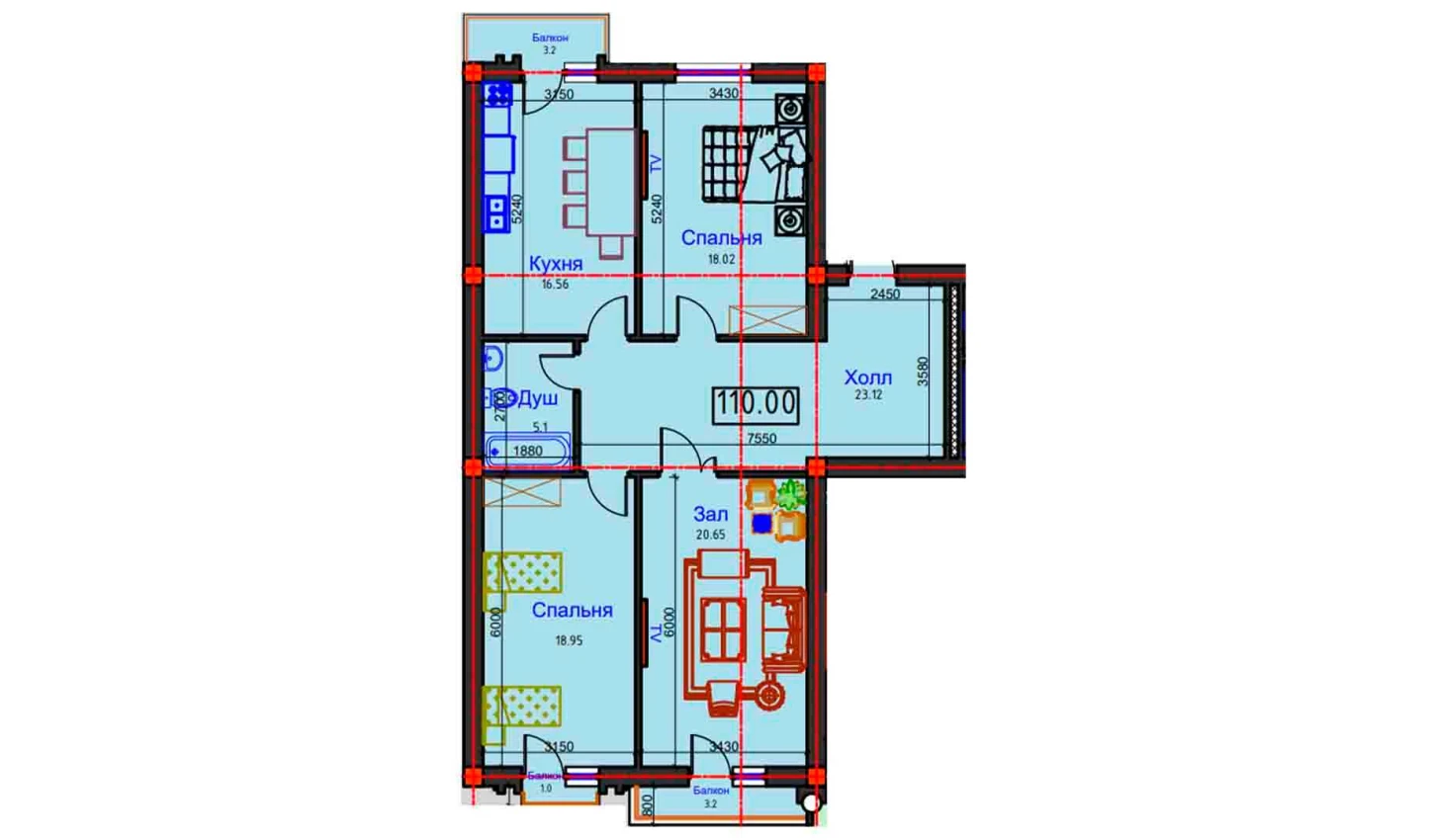 3-xonali xonadon 110 m²  8/8 qavat