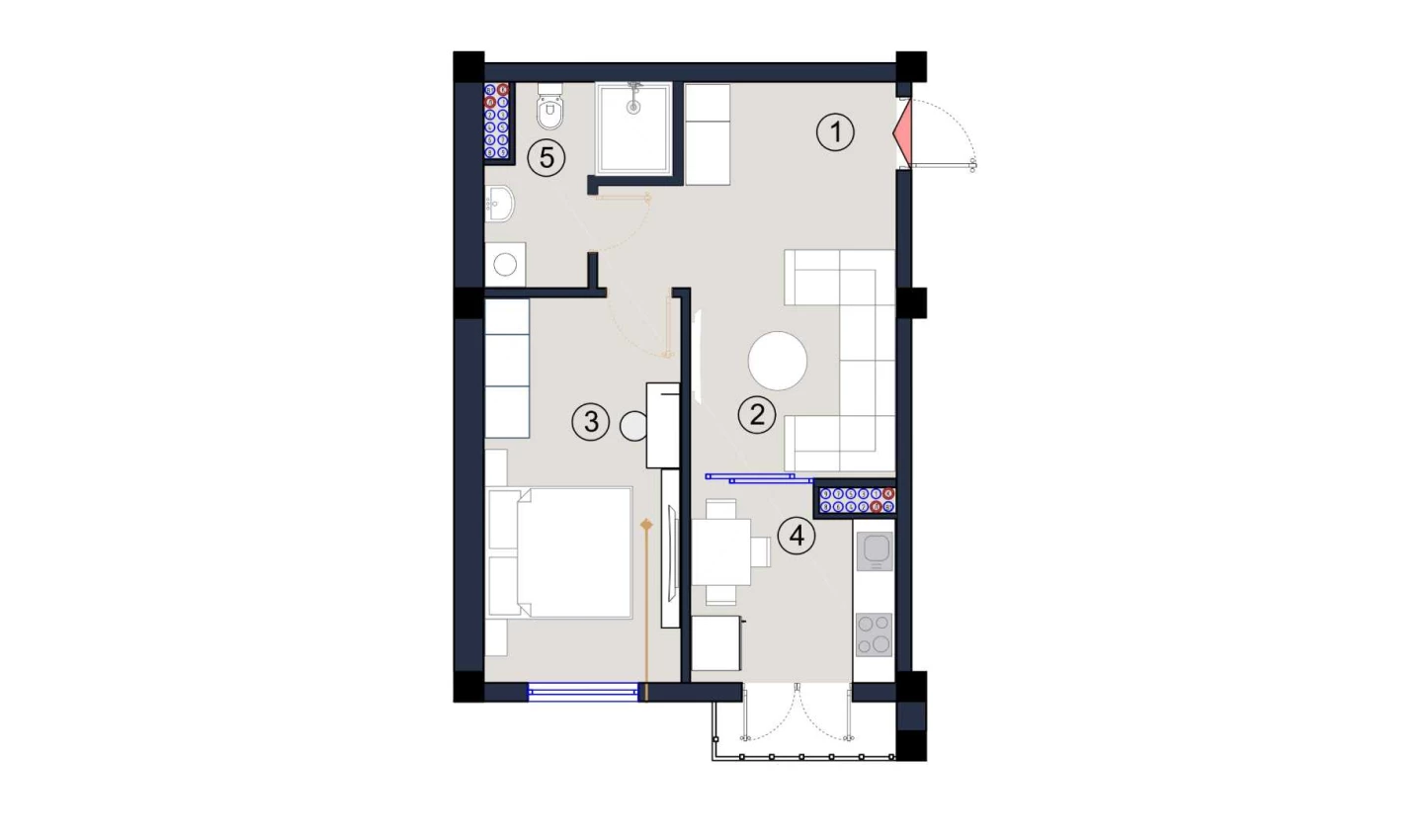 1-xonali xonadon 45.5 m²  5/5 qavat