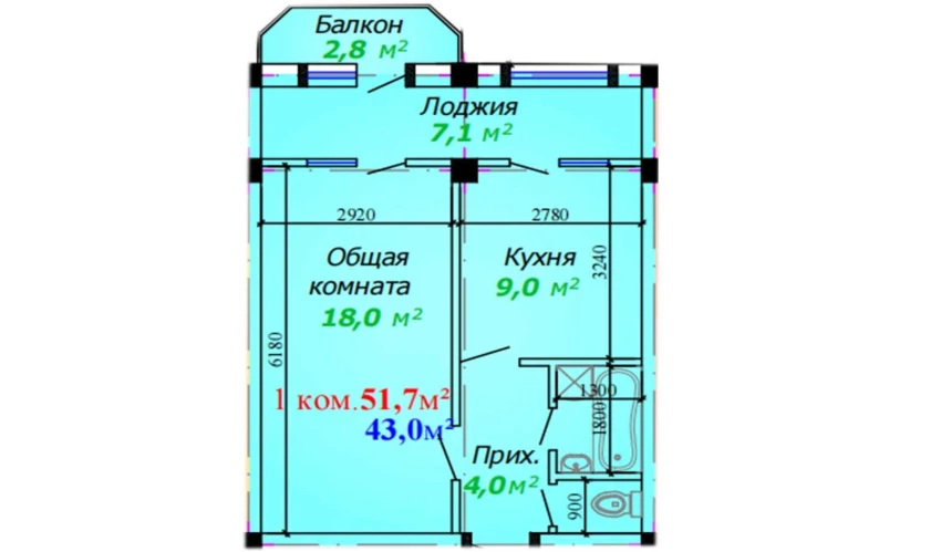 1-xonali xonadon 51.7 m²  2/7 qavat | Bunyodkor Turar-joy majmuasi