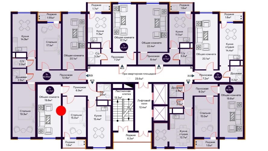 2-комнатная квартира 62 м²  8/8 этаж