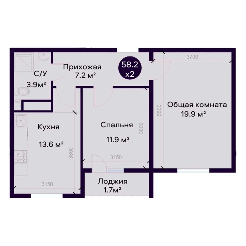 2-комнатная квартира 58.2 м²  8/8 этаж