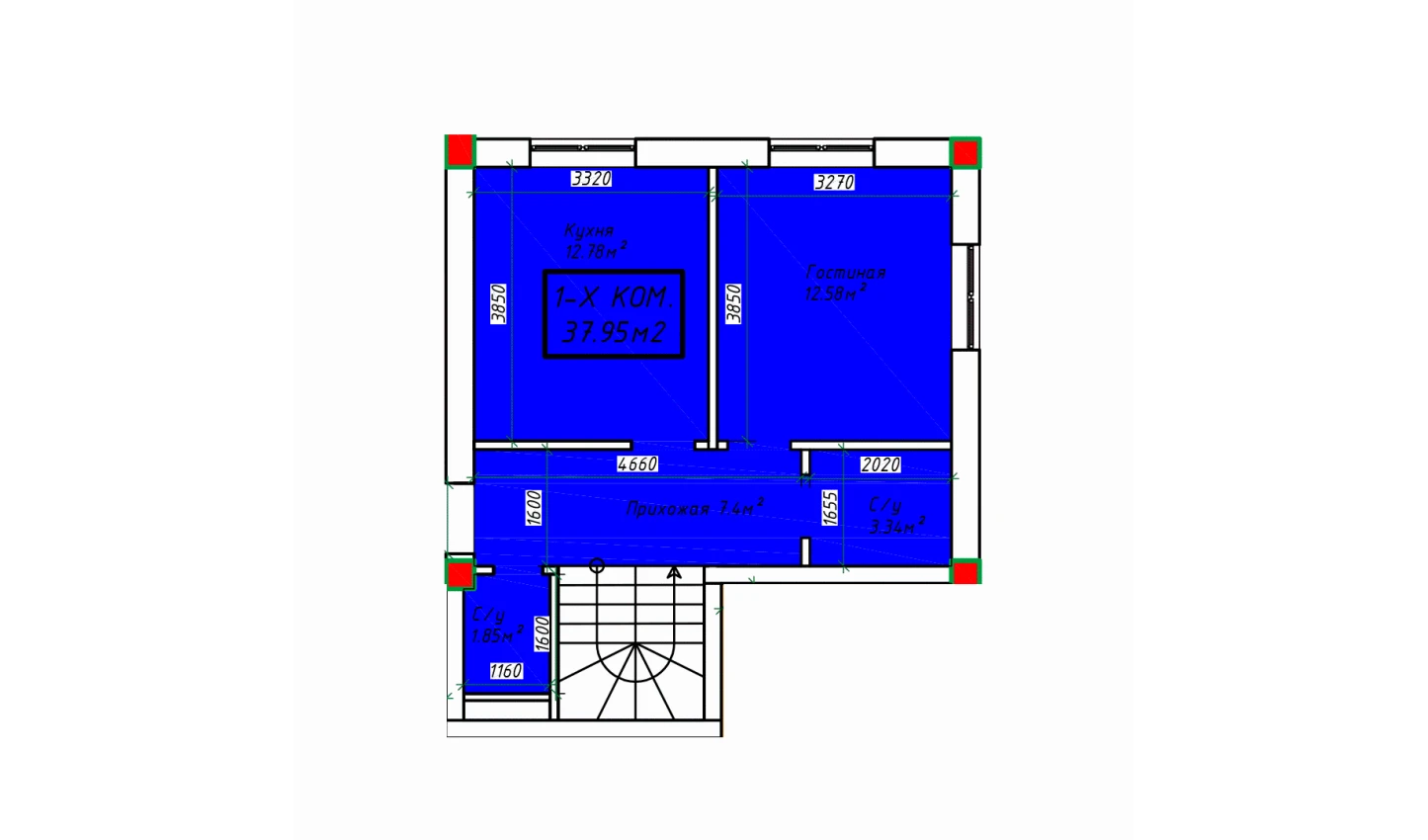 1-xonali xonadon 37.95 m²  1/1 qavat