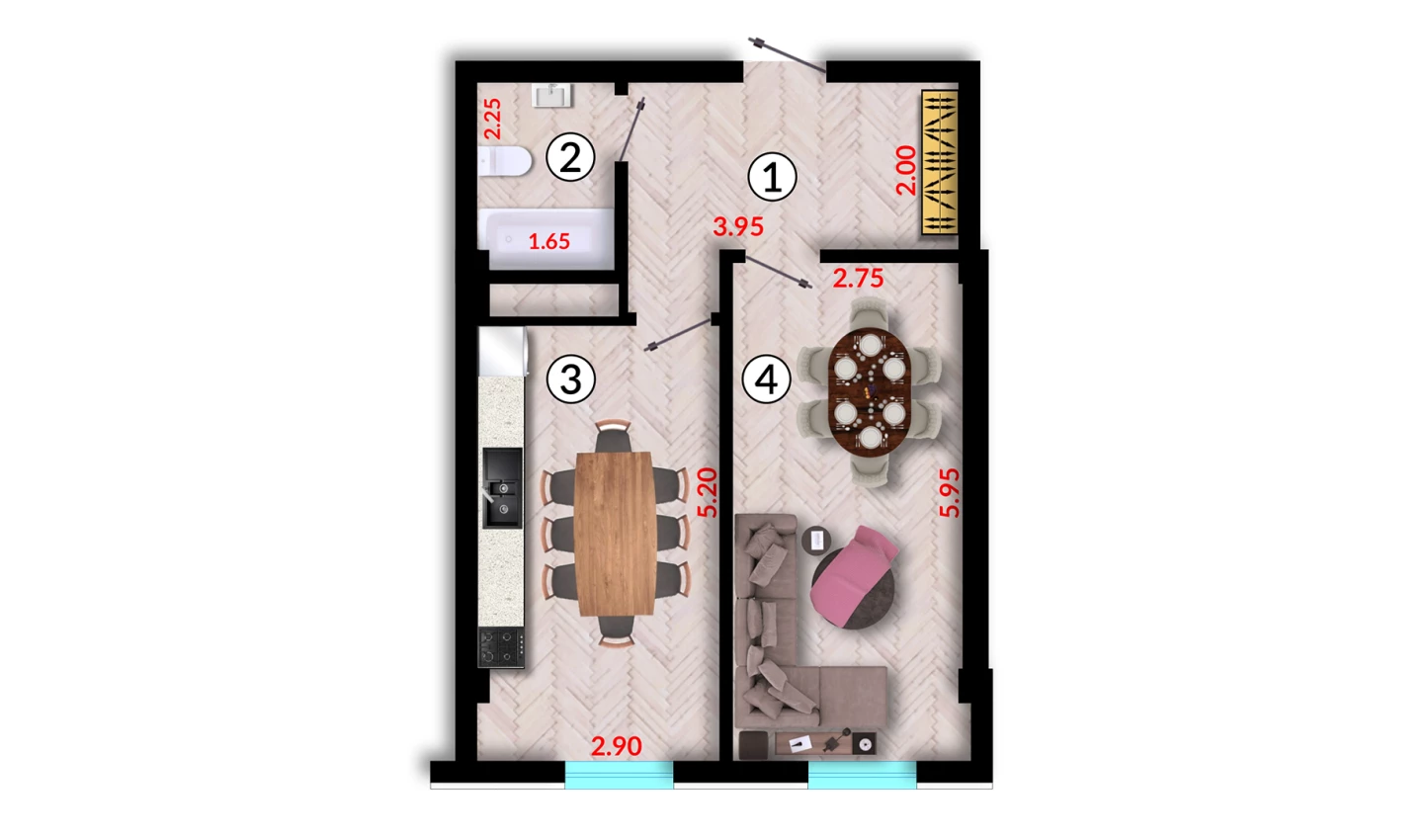 1-комнатная квартира 44.68 м²  3/3 этаж