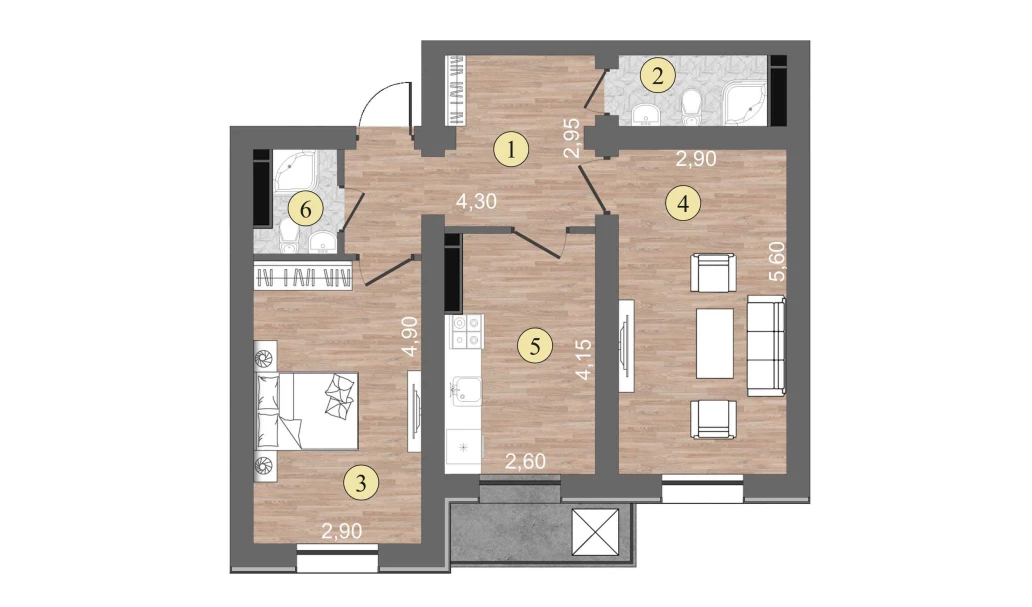 2-комнатная квартира 57 м²  1/1 этаж