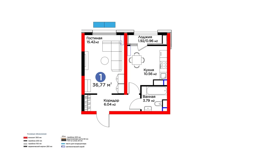 1-комнатная квартира 36.77 м²  7/7 этаж