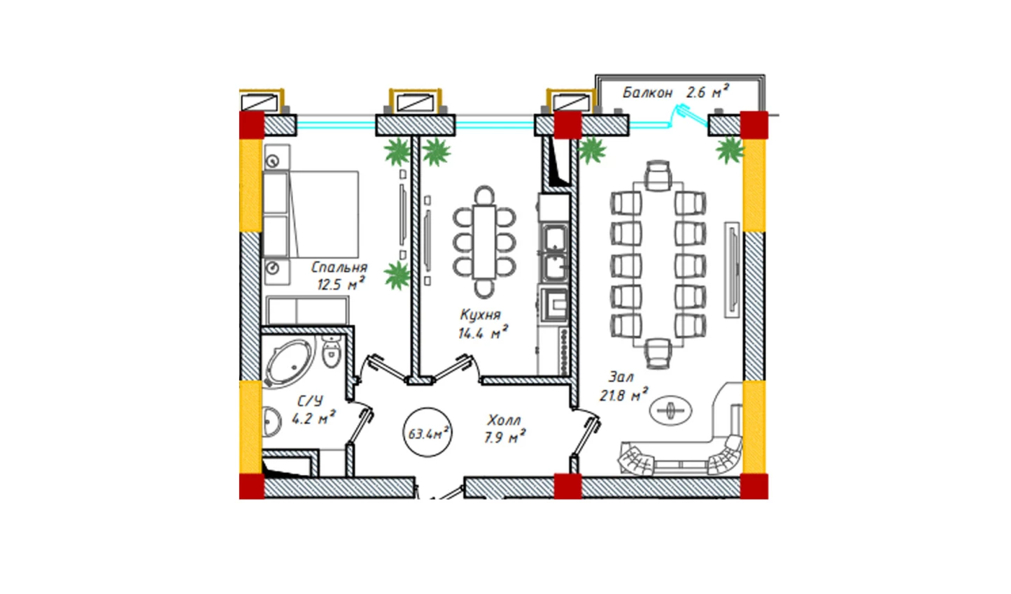 2-xonali xonadon 50 m²  6/6 qavat