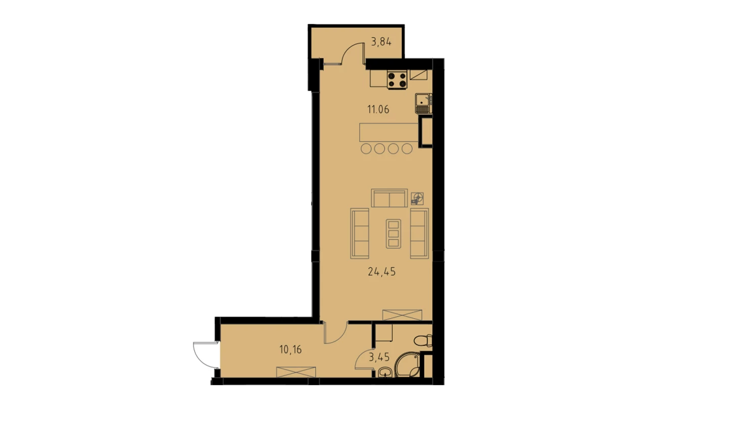 1-комнатная квартира 49.68 м²  3/3 этаж