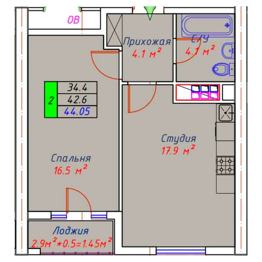 2-xonali xonadon 44.05 m²  9/30 qavat | ECO TOWER Turar-joy majmuasi