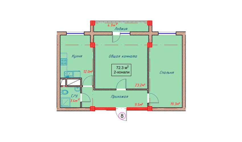 2-xonali xonadon 72.3 m²  5/9 qavat | Orzular Turar-joy majmuasi