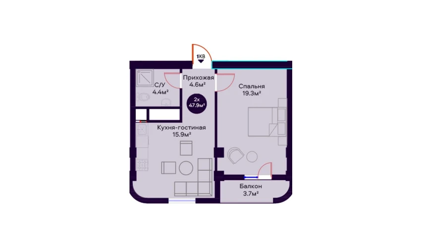 2-xonali xonadon 47.9 m²  8/16 qavat | Havas Premium Turar-joy majmuasi