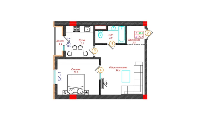 2-комнатная квартира 50.3 м²  7/12 этаж | Жилой комплекс CHINARA PARK