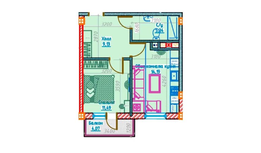 2-комнатная квартира 40.17 м²  11/11 этаж