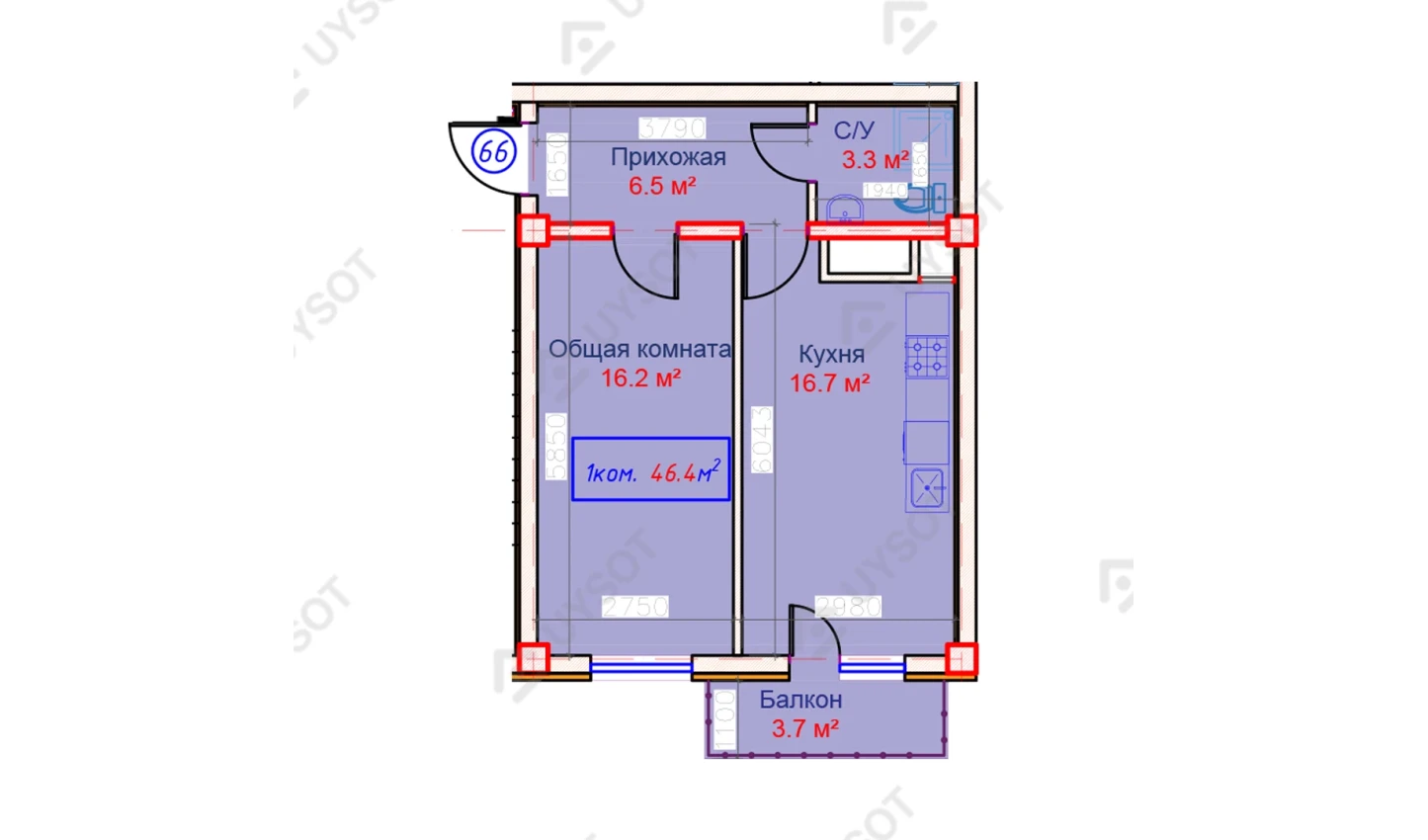 1-комнатная квартира 46.4 м²  4/4 этаж