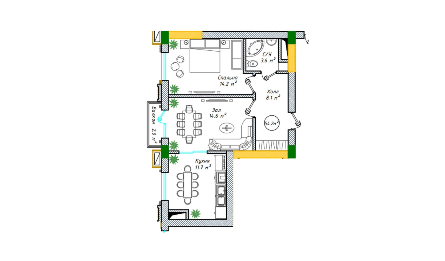 2-xonali xonadon 54.8 m²  10/10 qavat