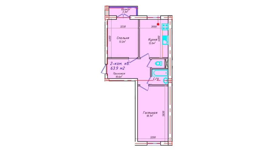 2-xonali xonadon 63.9 m²  5/5 qavat | CHIRCHIQ CITY Turar-joy majmuasi