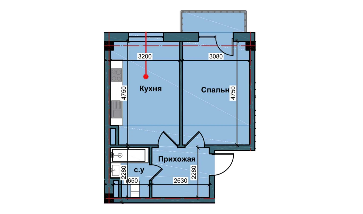 1-комнатная квартира 43.3 м²  6/6 этаж