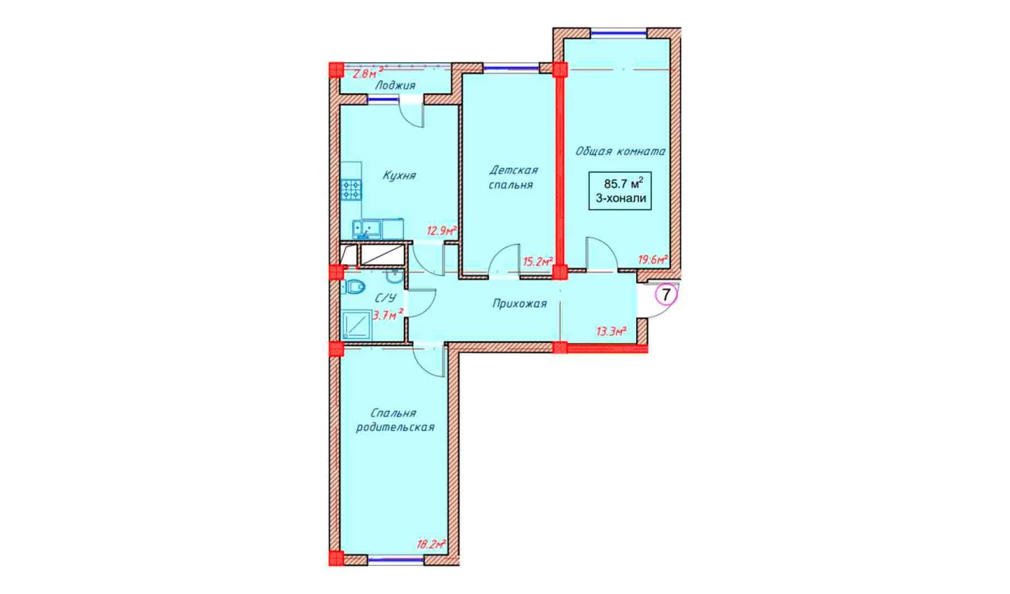 3-xonali xonadon 85.7 m²  2/2 qavat