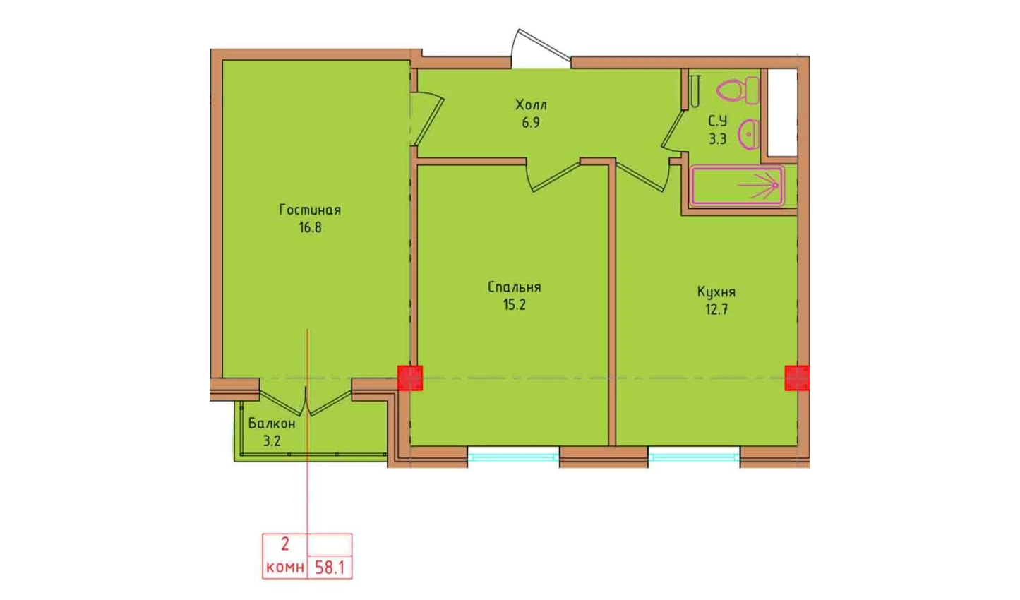 2-комнатная квартира 55.97 м²  3/3 этаж