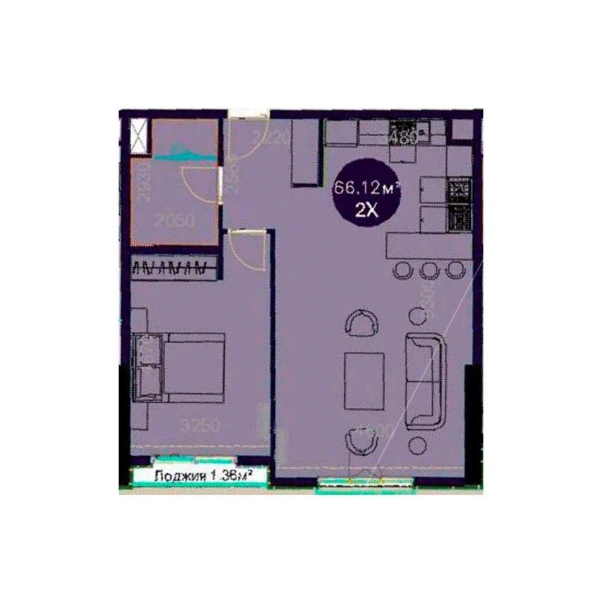 2-комнатная квартира 66.12 м²  2/2 этаж