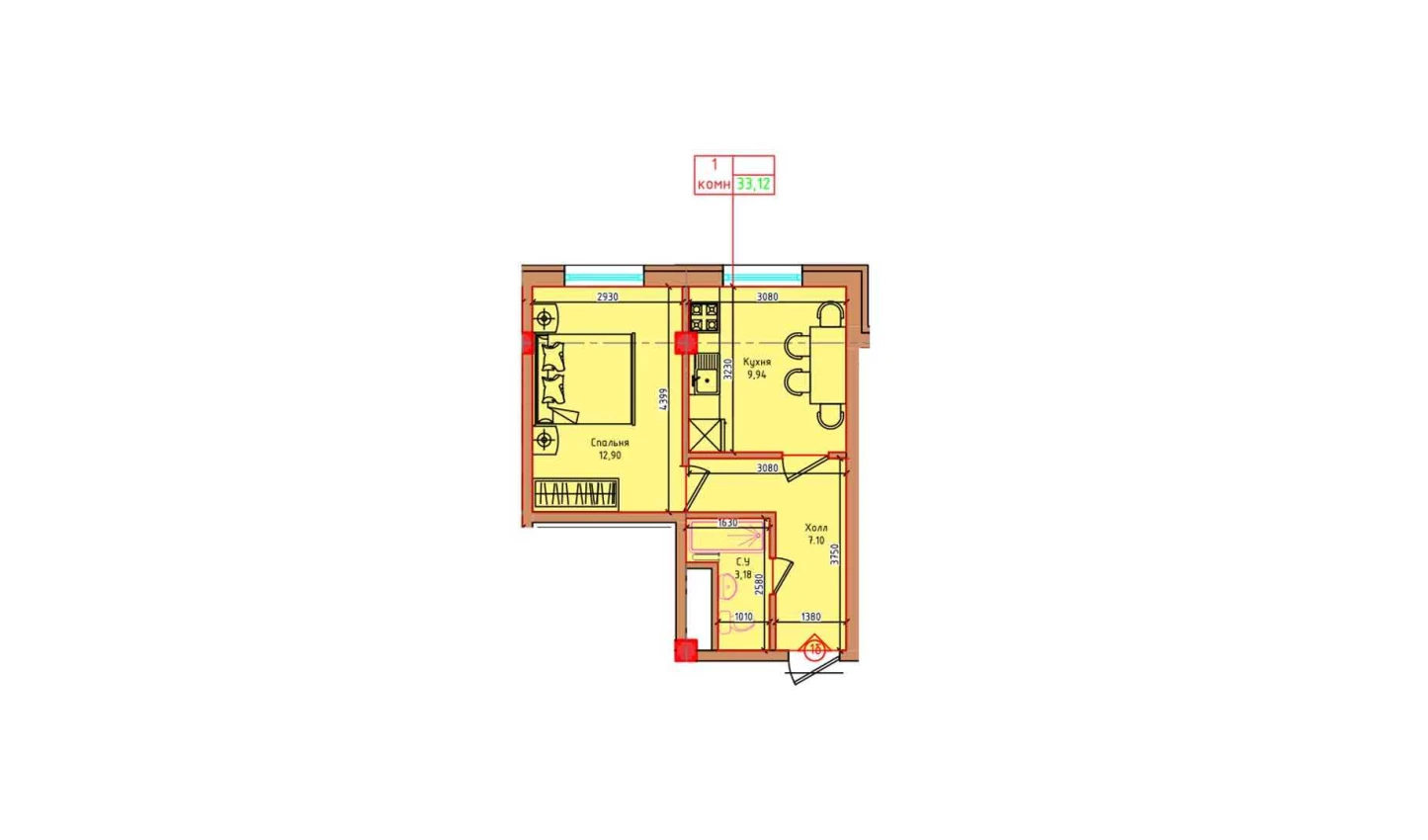 1-комнатная квартира 33.12 м²  8/8 этаж