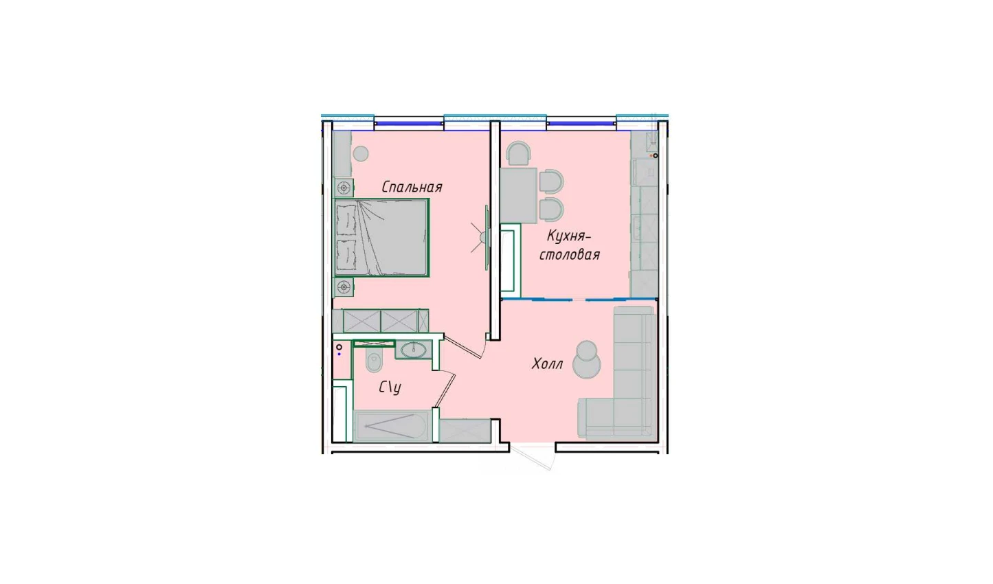 1-комнатная квартира 43.98 м²  1/1 этаж