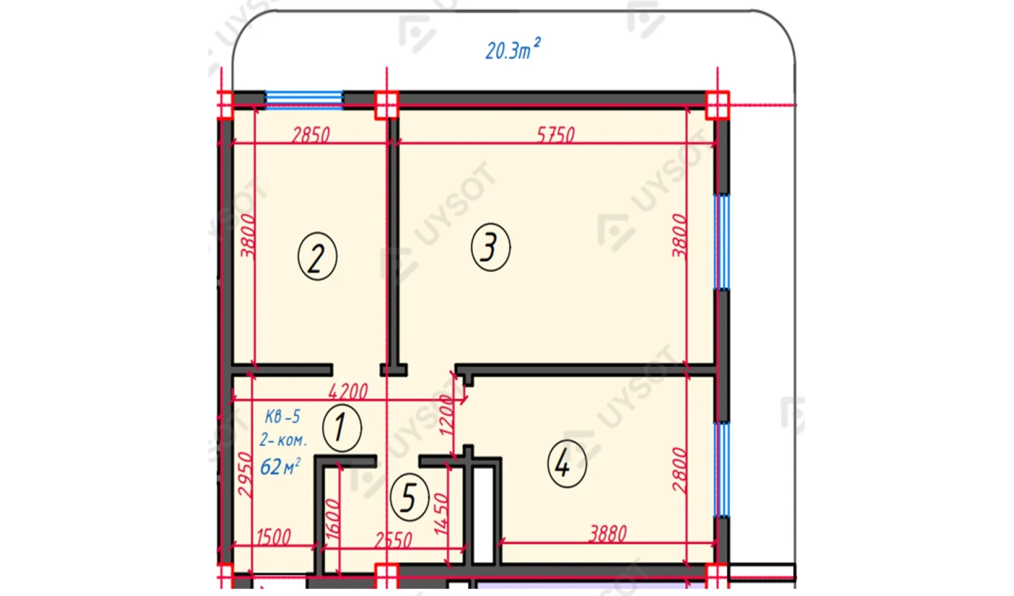 2-комнатная квартира 62 м²  16/16 этаж