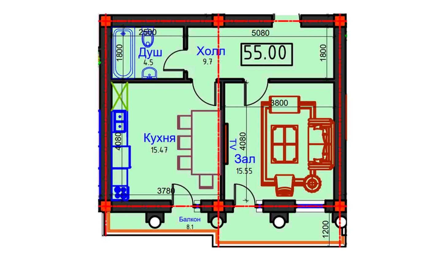 1-комнатная квартира 55 м²  8/8 этаж