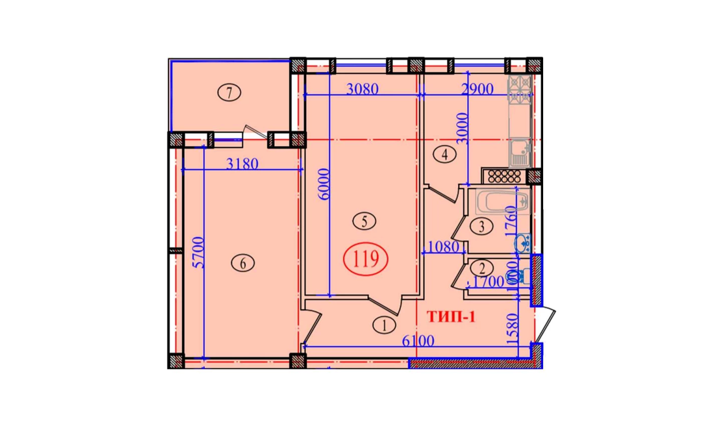 2-xonali xonadon 77.6 m²  6/6 qavat