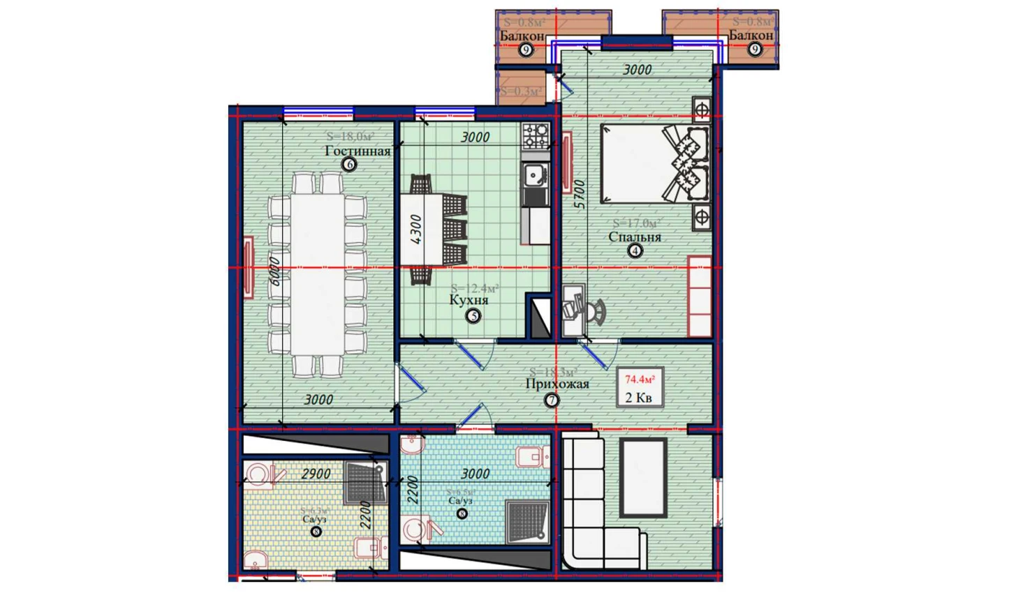 2-xonali xonadon 74.4 m²  3/3 qavat