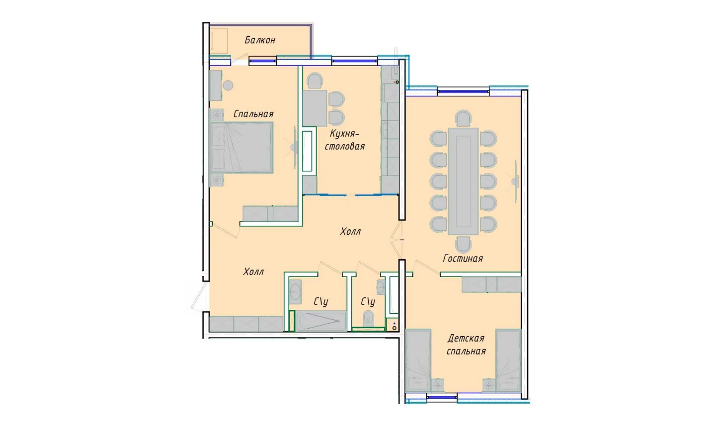 2-комнатная квартира 91.42 м²  12/12 этаж