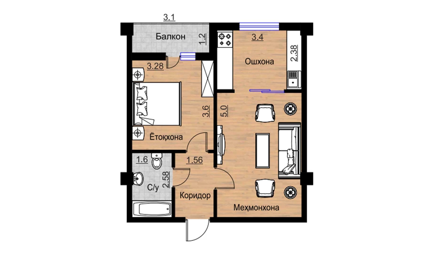 2-комнатная квартира 54.25 м²  11/11 этаж