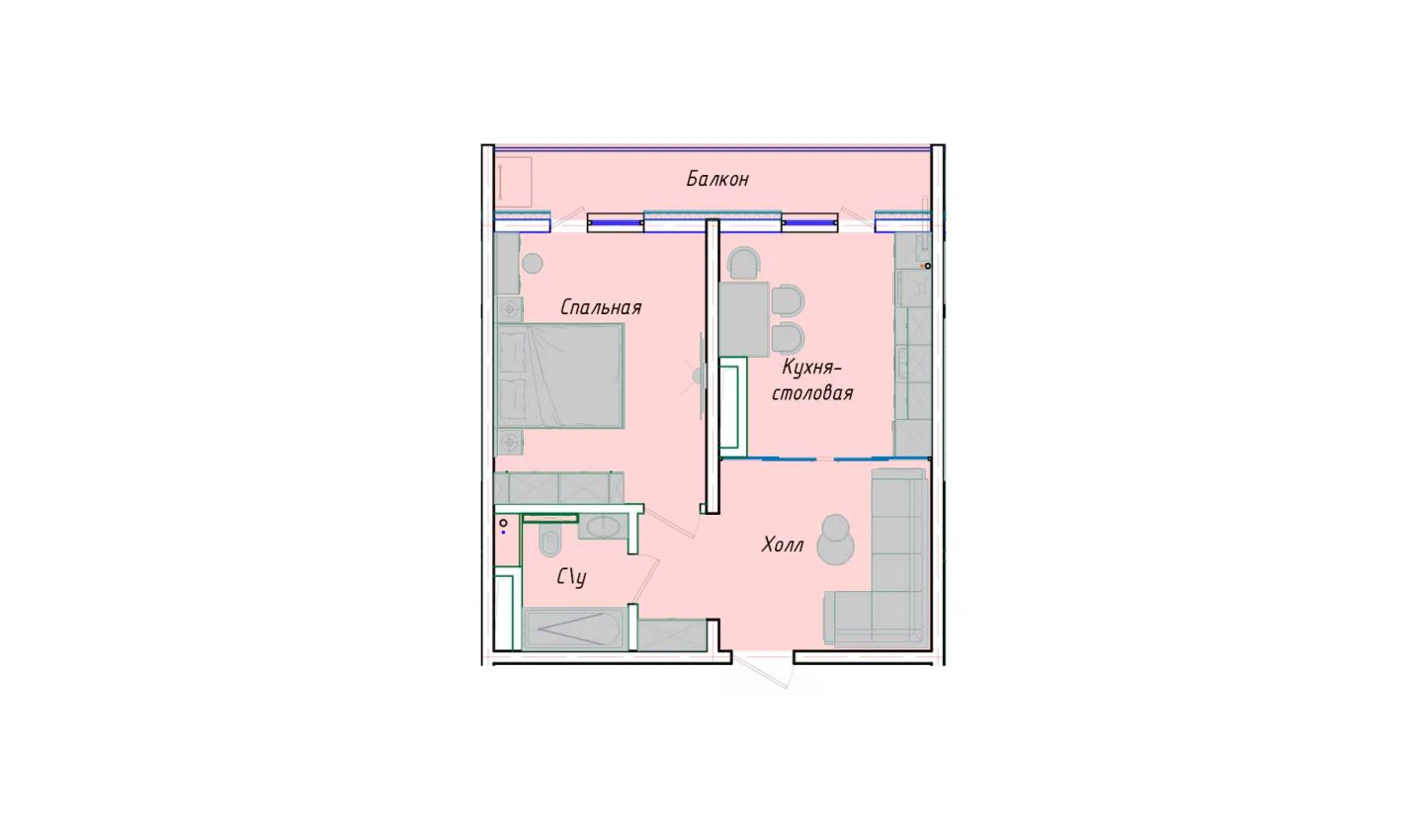 1-комнатная квартира 52.38 м²  10/10 этаж