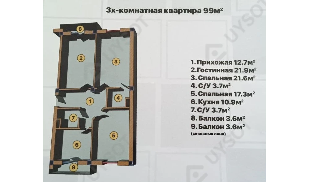 3-комнатная квартира 99 м²  2/2 этаж