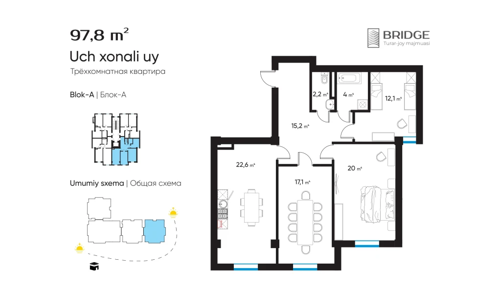 3-xonali xonadon 97.8 m²  9/9 qavat