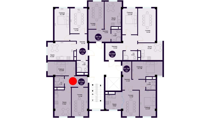 2-комнатная квартира 51.2 м²  7/7 этаж