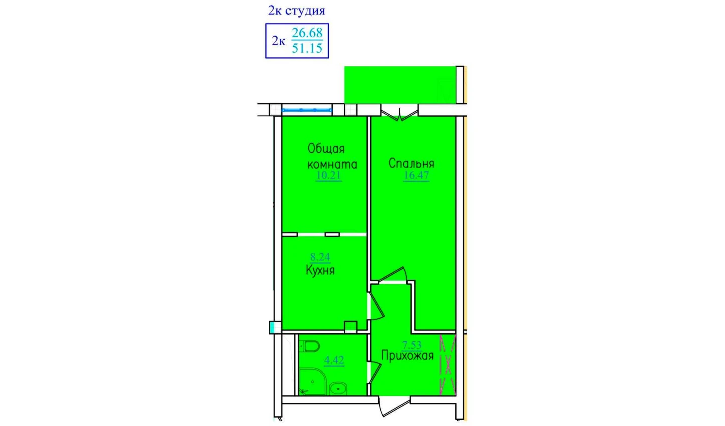 2-xonali xonadon 51.15 m²  6/9 qavat | PROVANS Turar-joy majmuasi