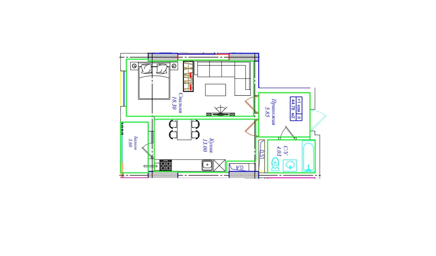 1-комнатная квартира 44.78 м²  1/1 этаж