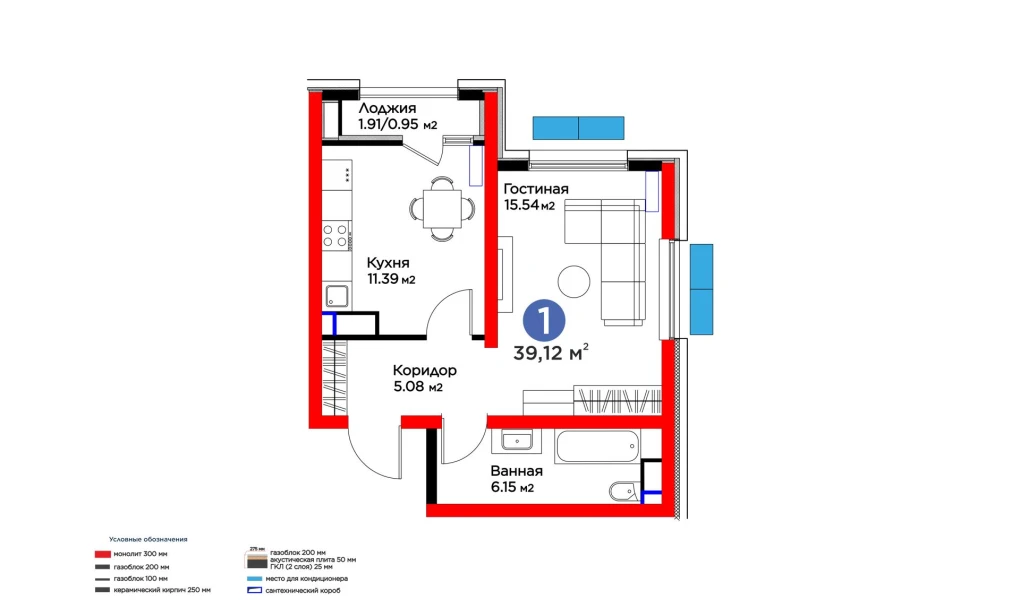 1-xonali xonadon 39.12 m²  7/7 qavat