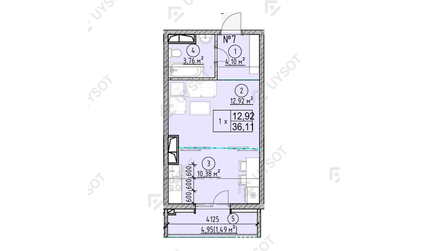 1-комнатная квартира 36.11 м²  3/3 этаж