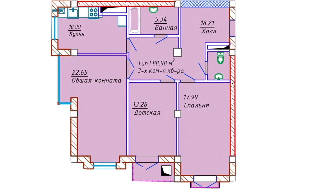 3-xonali xonadon 88.98 m²  6/10 qavat | Samarqand Park Avenue Turar-joy majmuasi