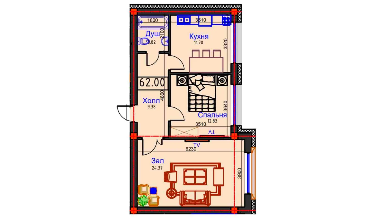 2-xonali xonadon 62 m²  2/2 qavat