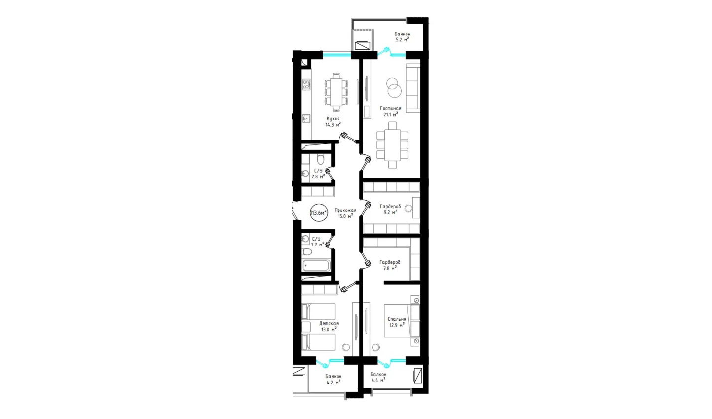 3-xonali xonadon 113.6 m²  3/3 qavat