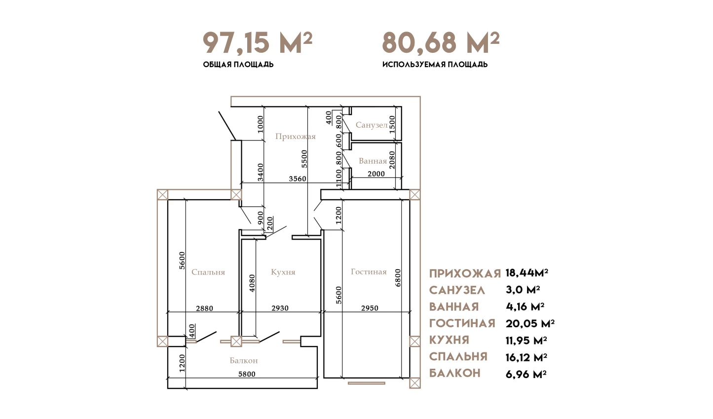 1-комнатная квартира 97.15 м²  1/1 этаж